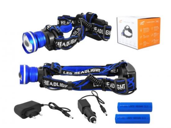 Svítilna čelová LED 8W / 2x Li-Ion18650 komplet modrá